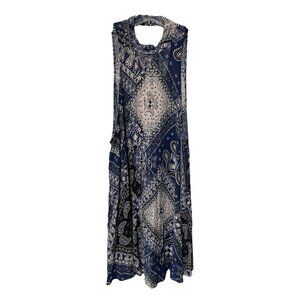 Free‎ People Navy Blue Cream black Pattern Dress Deep V Neck Short Dress